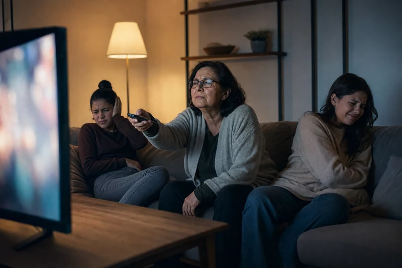 Aurivit: kobieta ogląda telewizję na dużej głośności, domownicy się krzywią